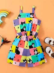 Toddler Girls Cat Plaid Graphic Cami Rompers Jumpsuits