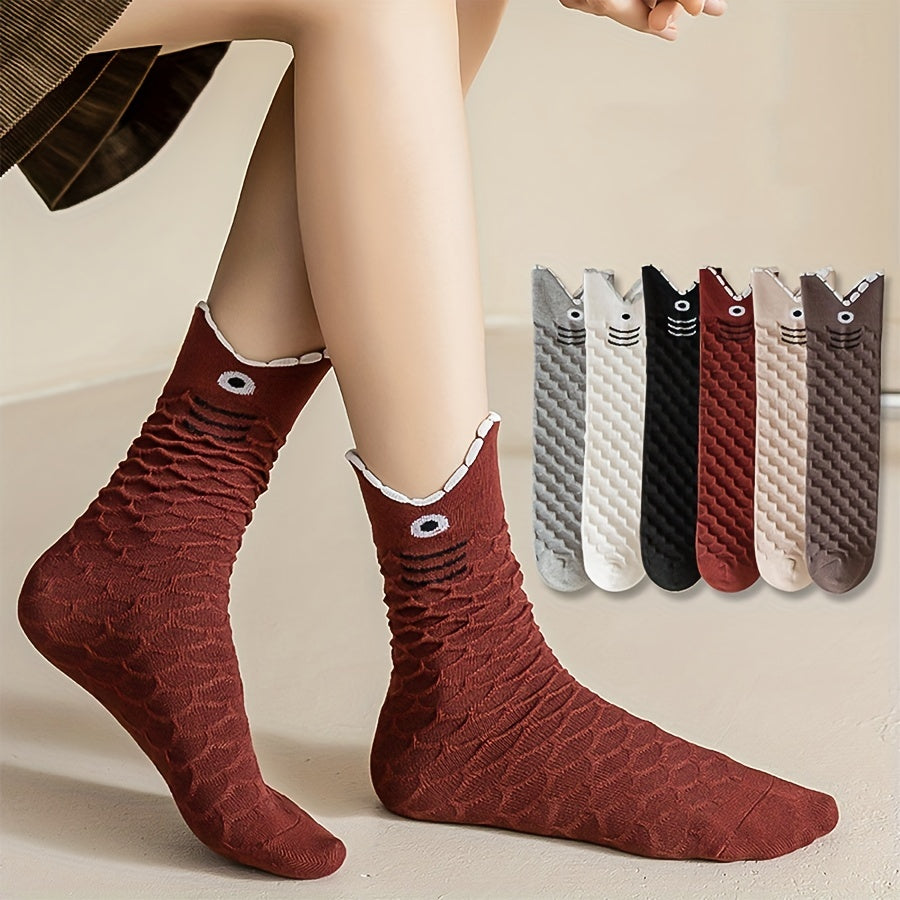 6 Pairs Cartoon Koi Socks Comfy & Soft Mid Tube Women's Stockings
