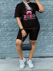 Cartoon Figure & Letter Print Tee & Biker Shorts Outfit Set
