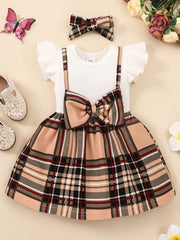 Baby Girls Block Plaid Bow knot Ruffle Sleeve Dress & Headband