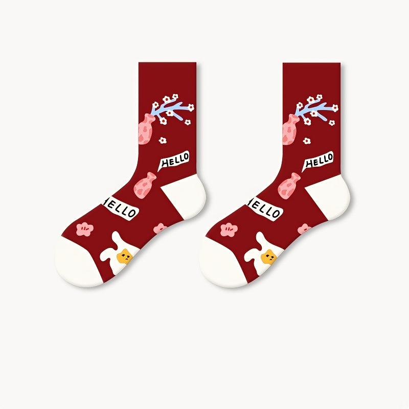5 Pairs Harajuku Mid Tube Socks Funny Pattern Women's Stockings