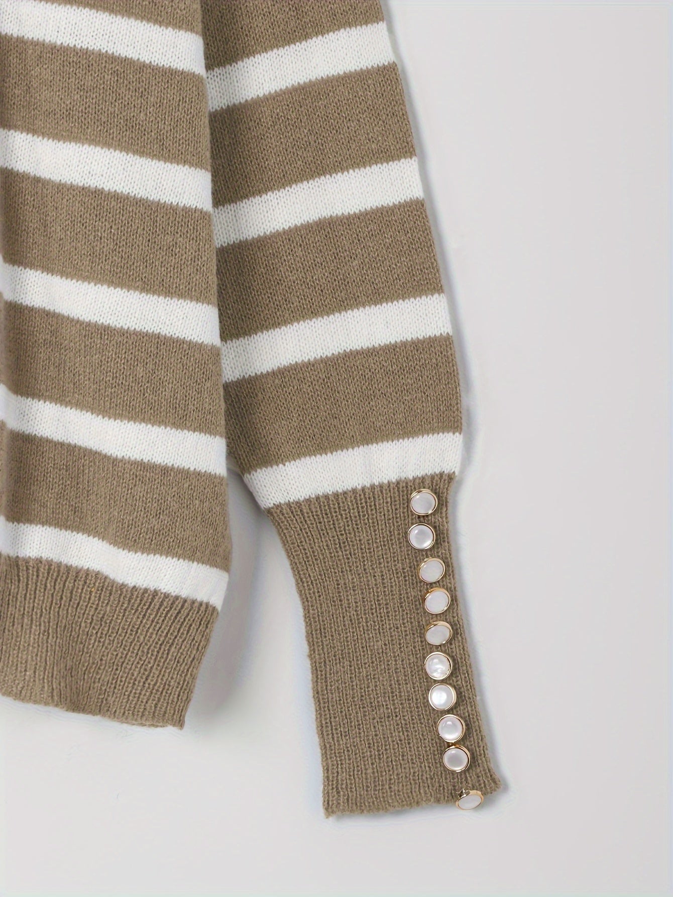  Striped Button Detail Long Sleeve Sweater