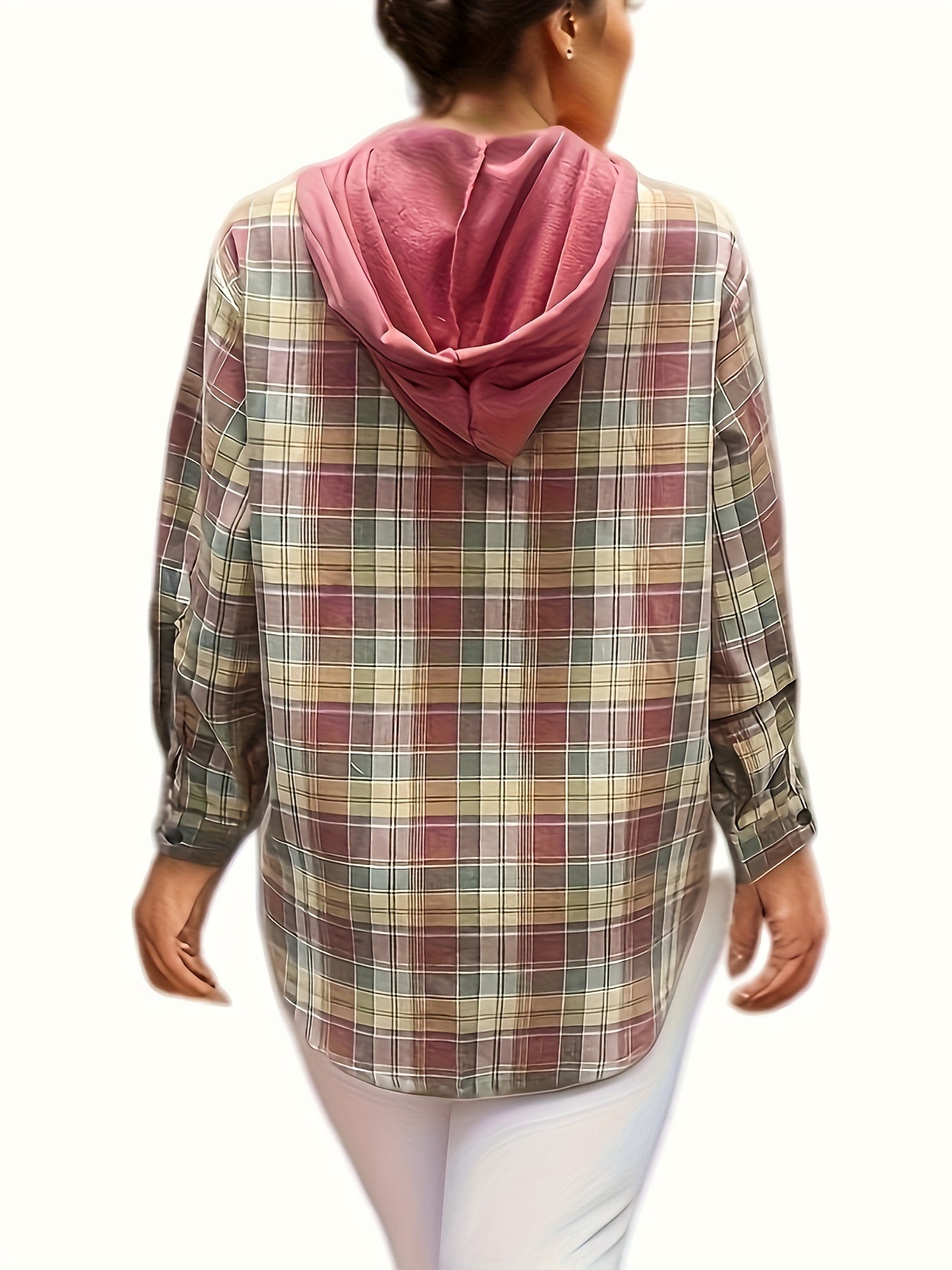  Plaid Print Long Sleeve Button Up Drawstring Hooded Shacket