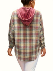  Plaid Print Long Sleeve Button Up Drawstring Hooded Shacket