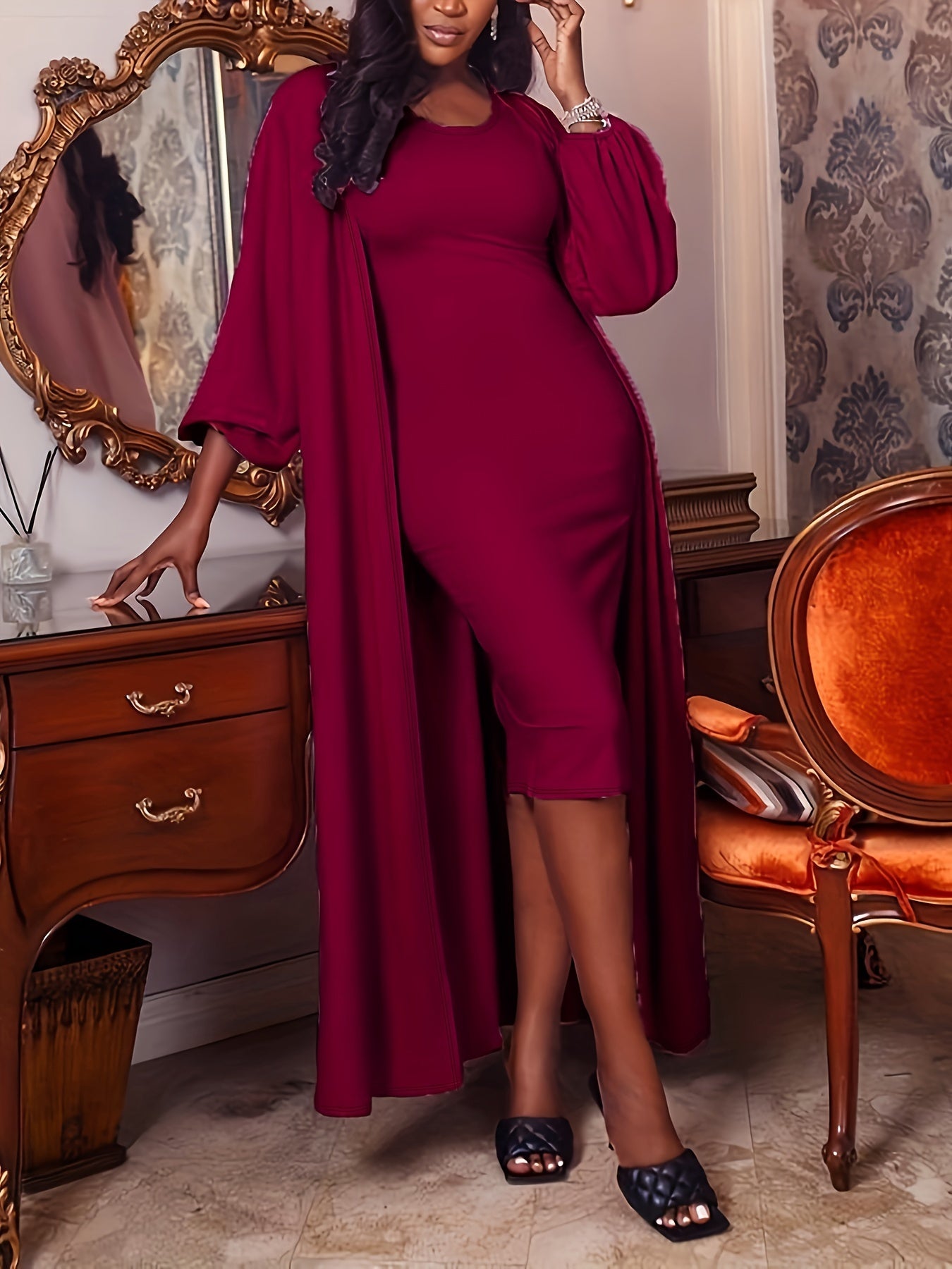 Women's Plus Size Solid Dress & Cardigan Set