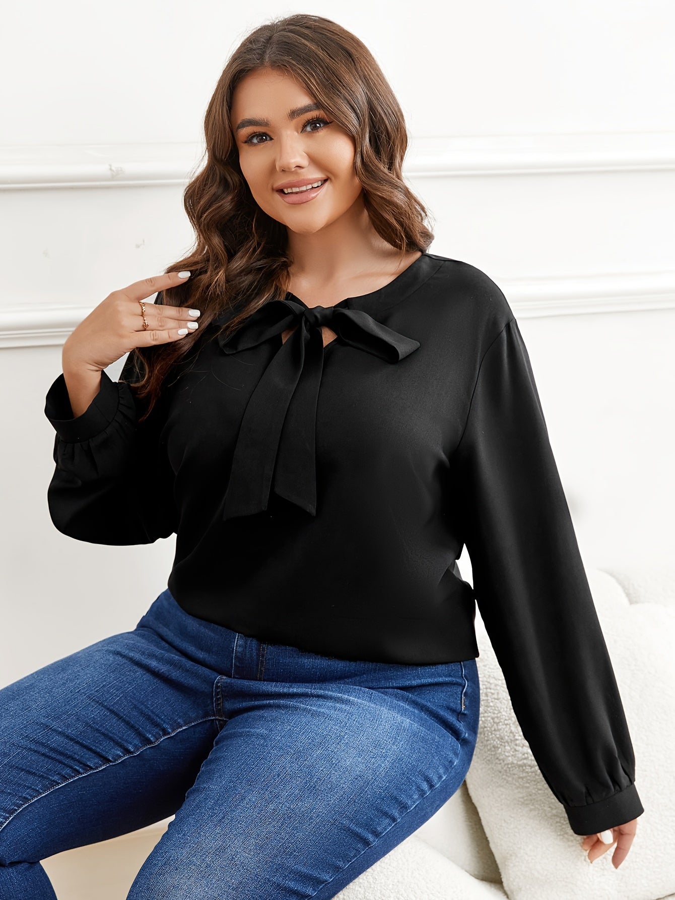  Solid Tie Front Lantern Sleeve Blouse
