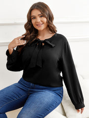  Solid Tie Front Lantern Sleeve Blouse