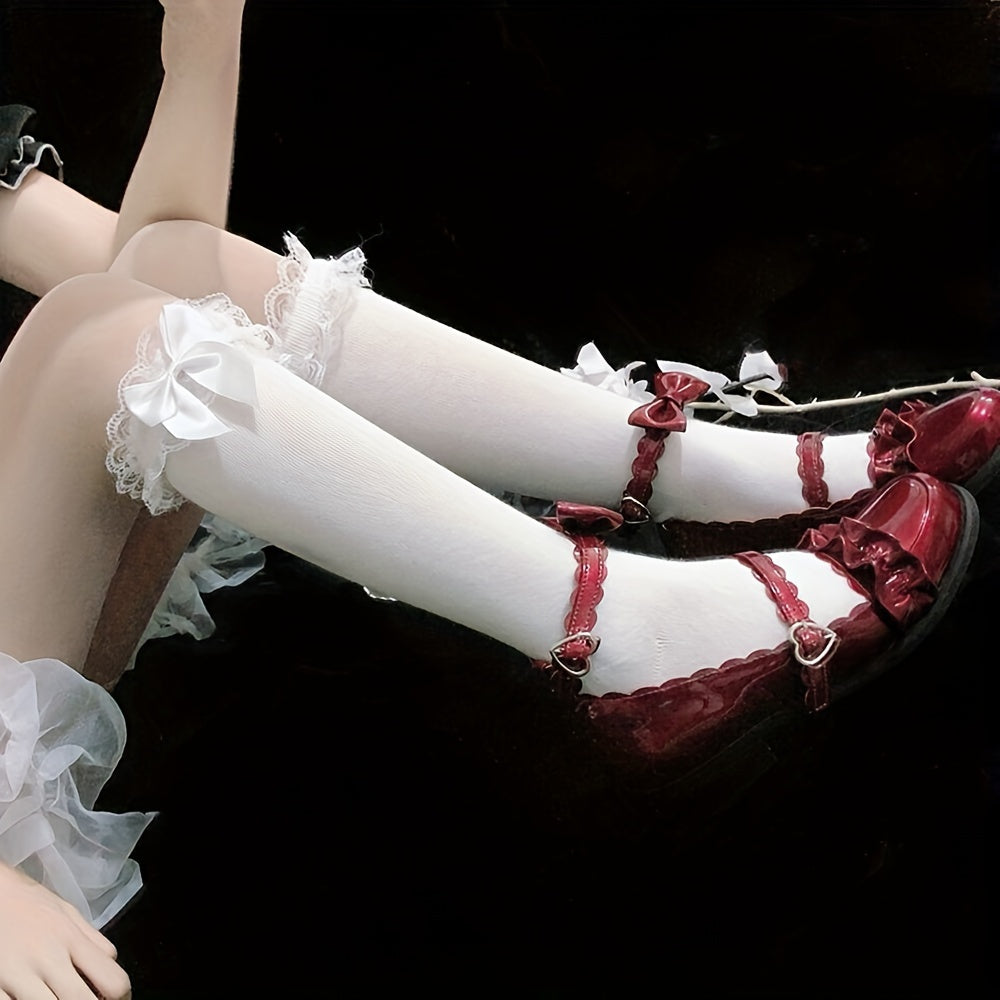 Lace Trim Calf Socks Lolita Bow Knee High Socks Stockings
