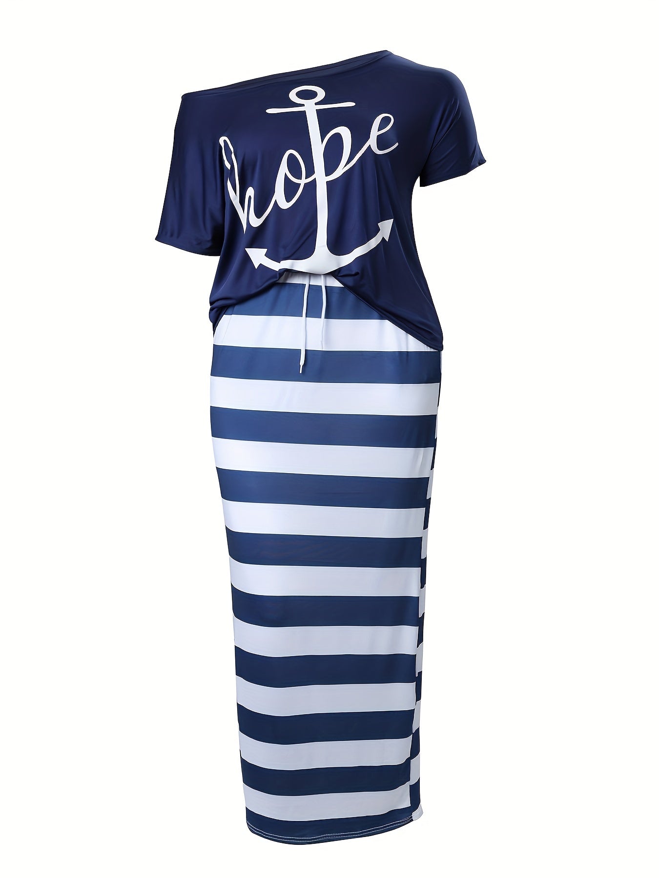 Women's Plus Anchor & Letter Print T shirt & Strip Slim Fit Skirt 2pcs Set