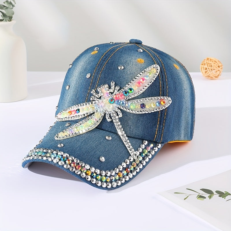 Dragonfly Patch Denim Baseball Cap Rhinestone Washed Distressed Dad Hat
