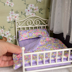 Dollhouse Metal Bed 1:12 Scale Iron Construction with Bedding