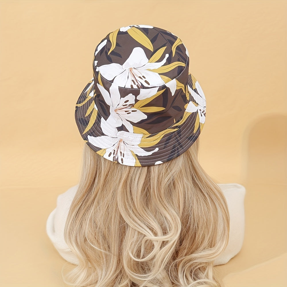 Lily Print Reversible Bucket Hat UV Protection Sunscreen Travel Beach Hats