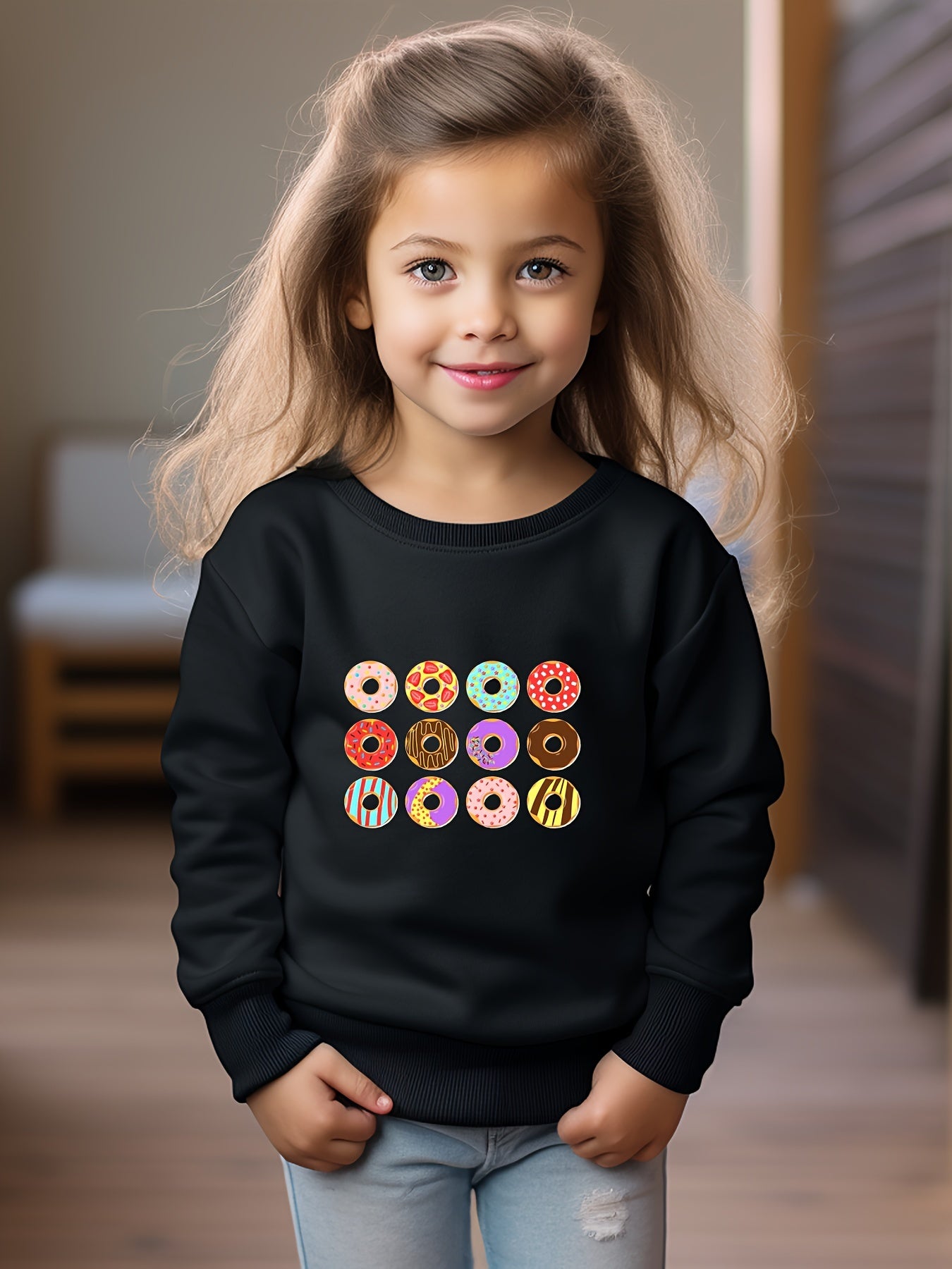 Girls Donuts Print Crew Neck Sweatshirt