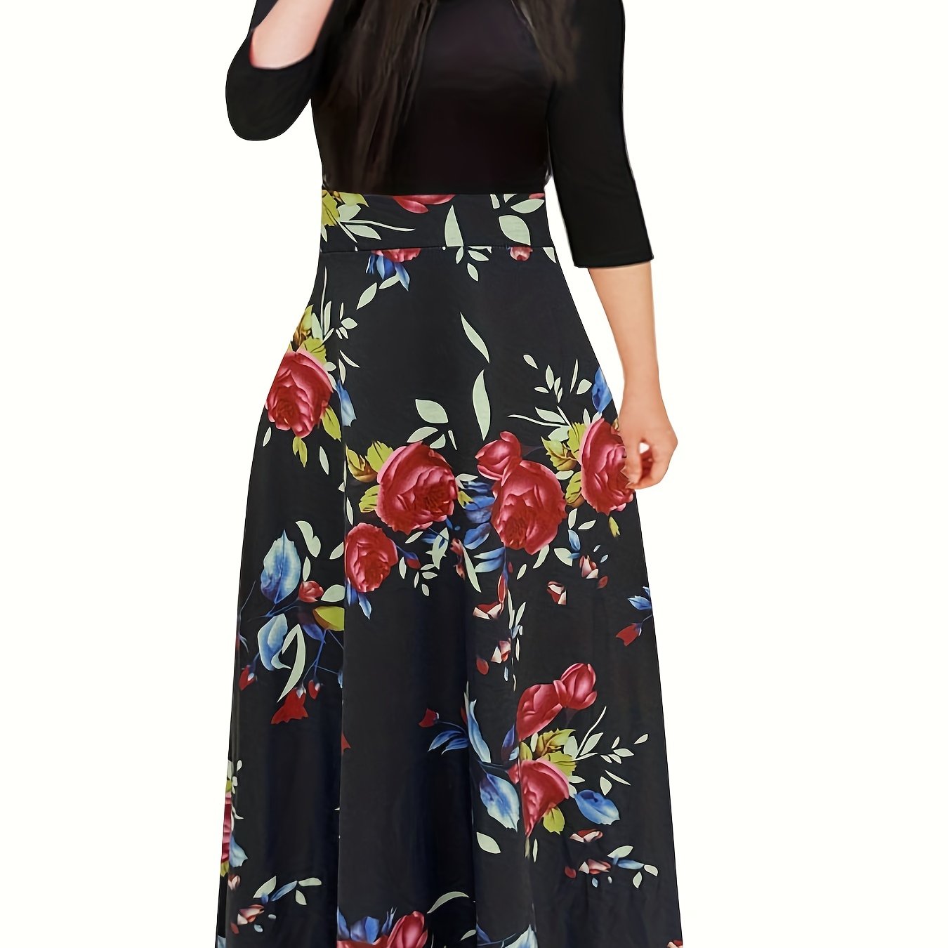  Colorblock Floral Print Maxi Dress