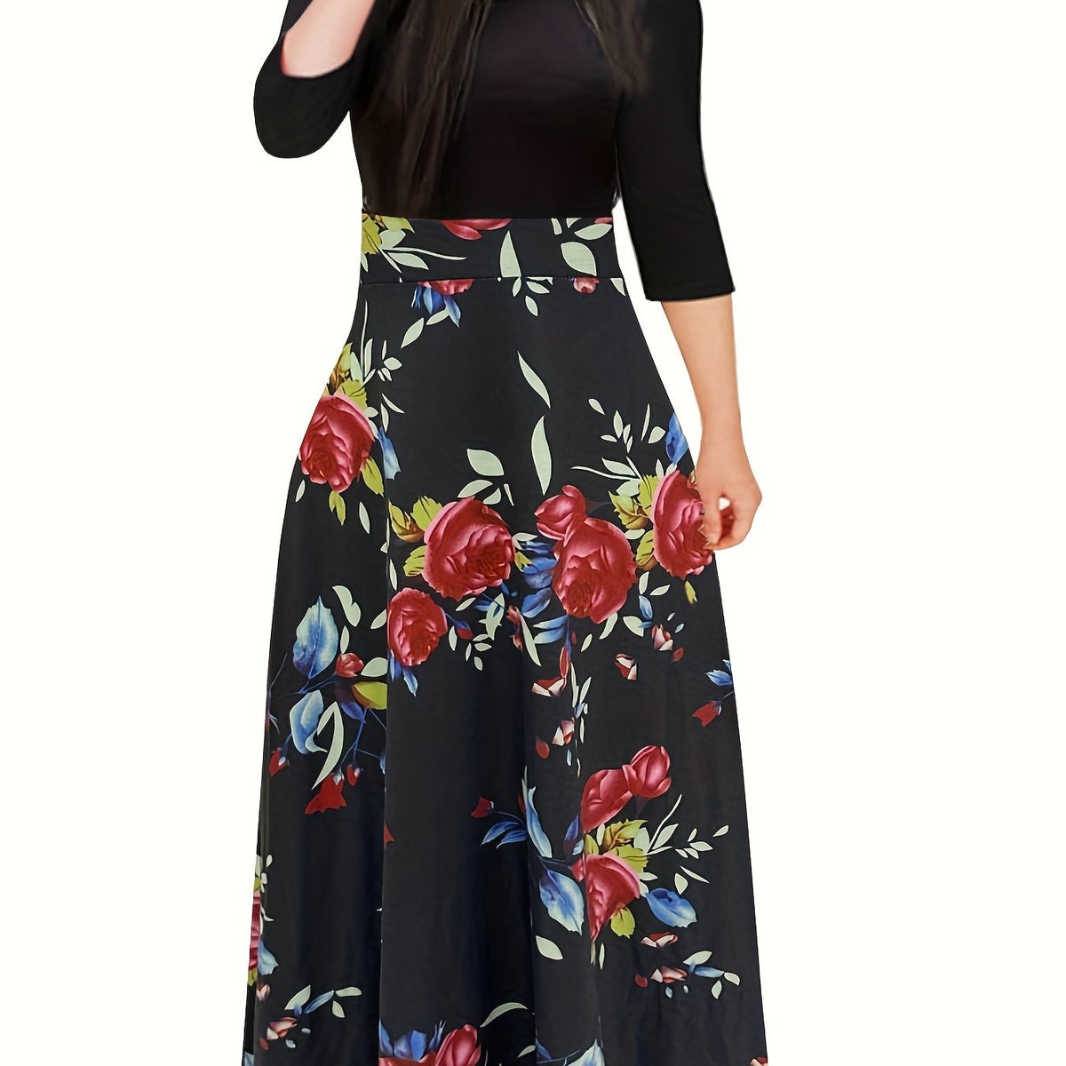  Colorblock Floral Print Maxi Dress