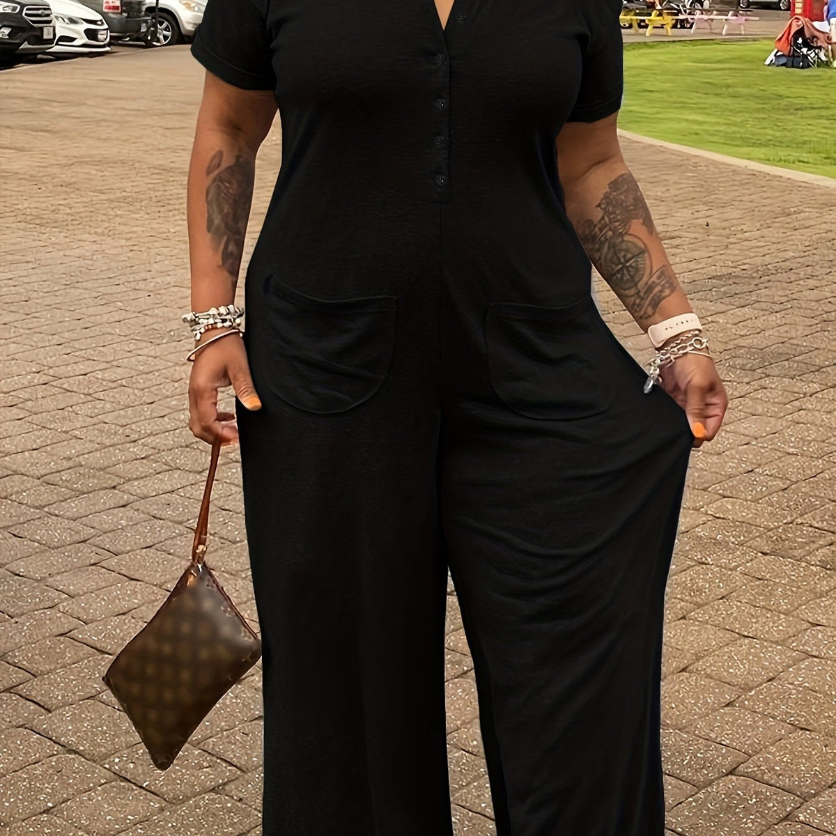  Button Up Short Sleeve Wide Leg Jumpsuit
