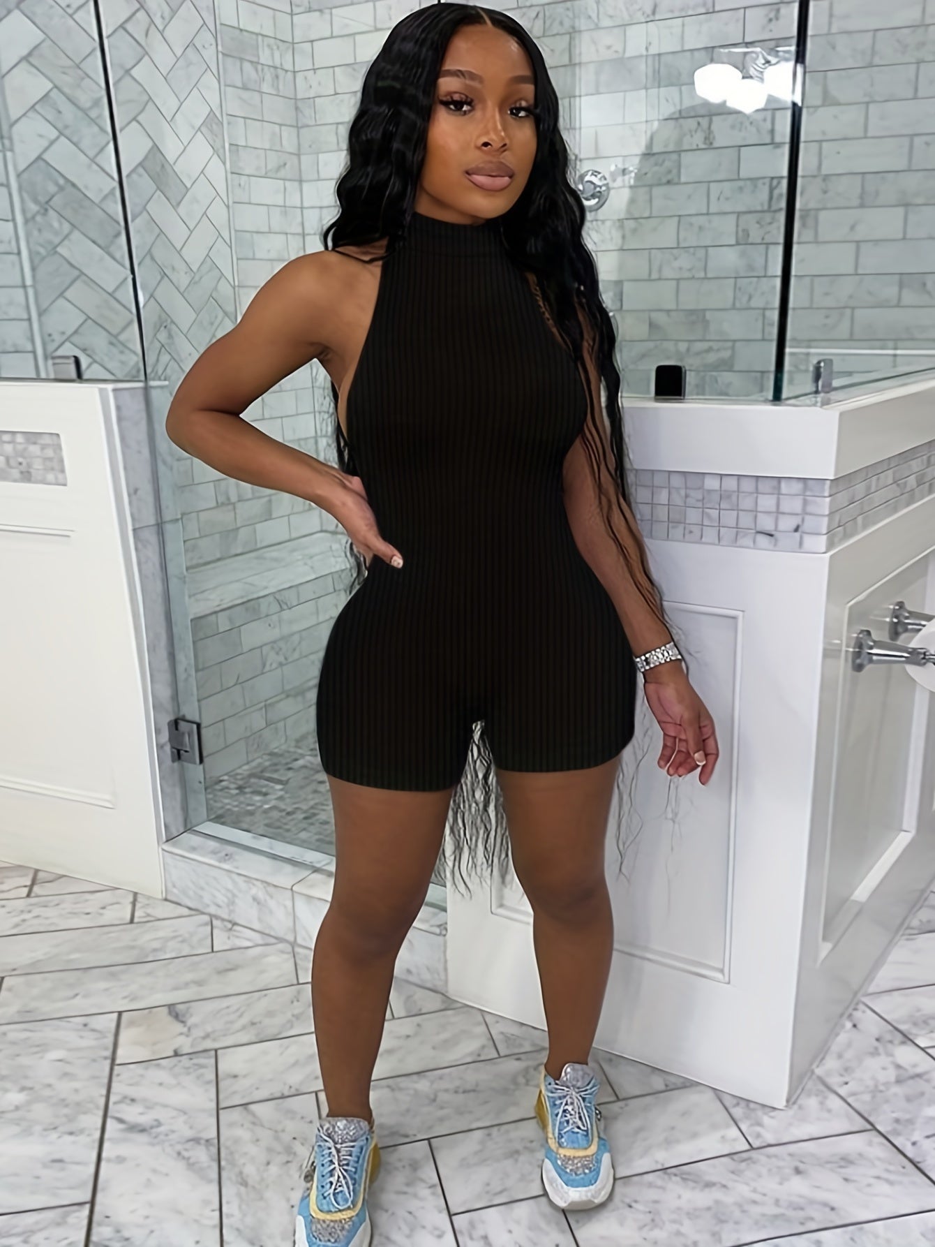 Solid Textured Romper Jumpsuit Sexy Sleeveless Backless Romper
