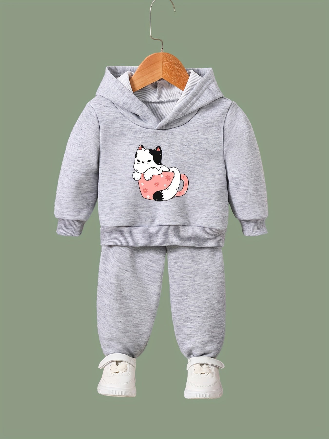 OERYUI Cute Cup Kitty Print Hoodies Pants Set for Girls Boys