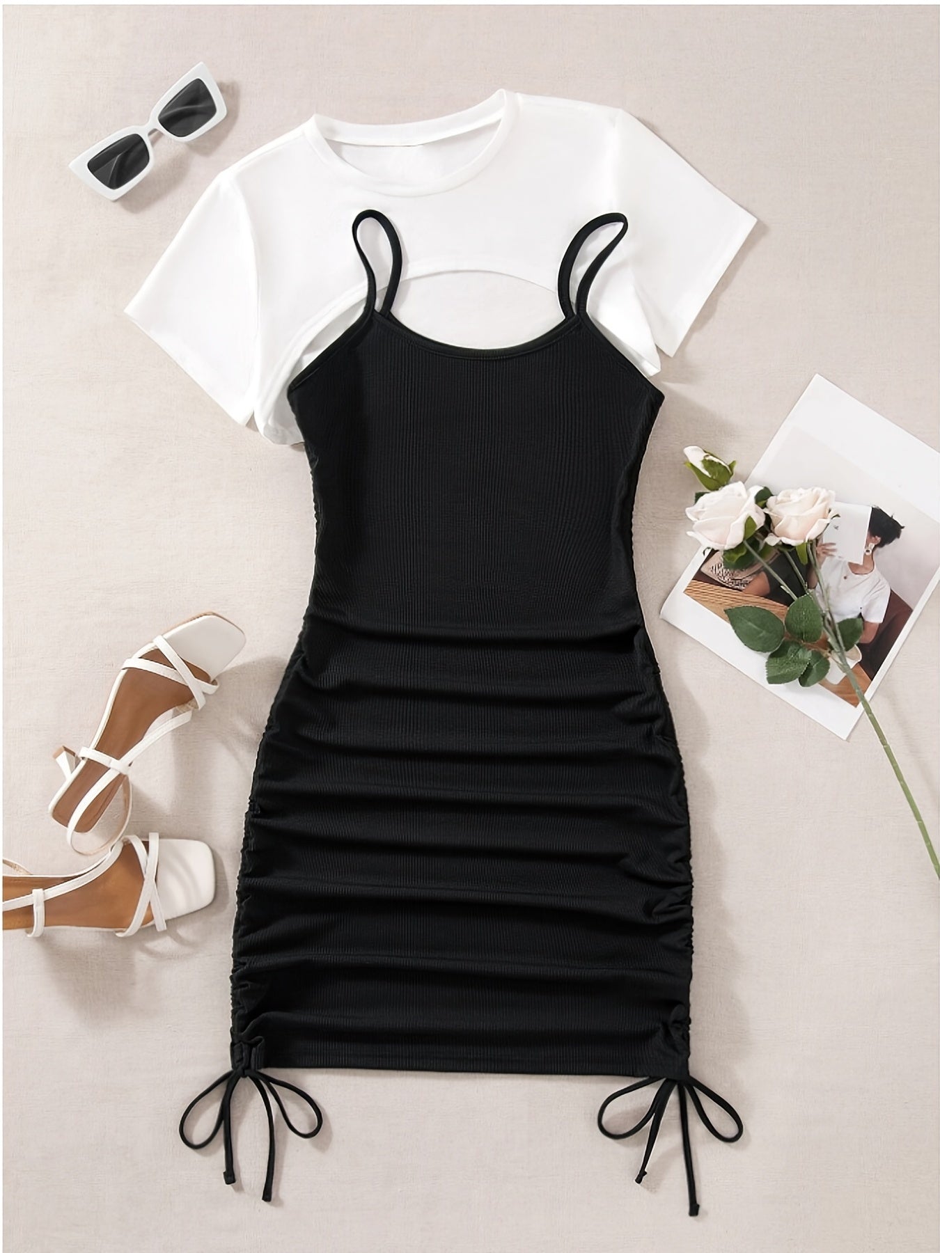 Two piece Dress Set Short Sleeve Crop Top & Drawstring Ruched Cami Dress