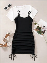Two piece Dress Set Short Sleeve Crop Top & Drawstring Ruched Cami Dress