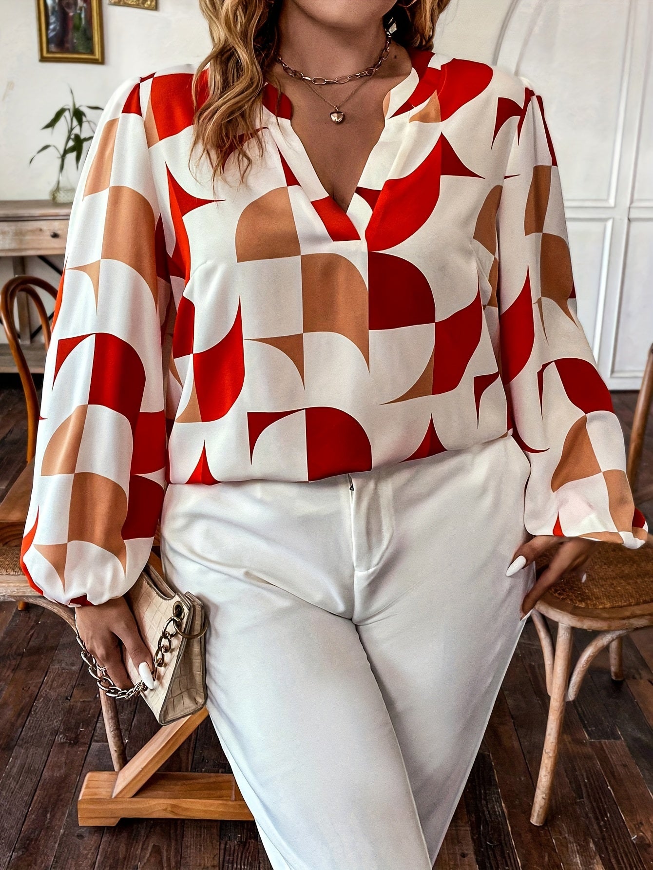  Casual Blouse Women's Plus Colorblock Geometric Print V Neck Blouse