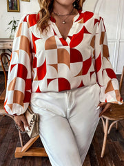  Casual Blouse Women's Plus Colorblock Geometric Print V Neck Blouse