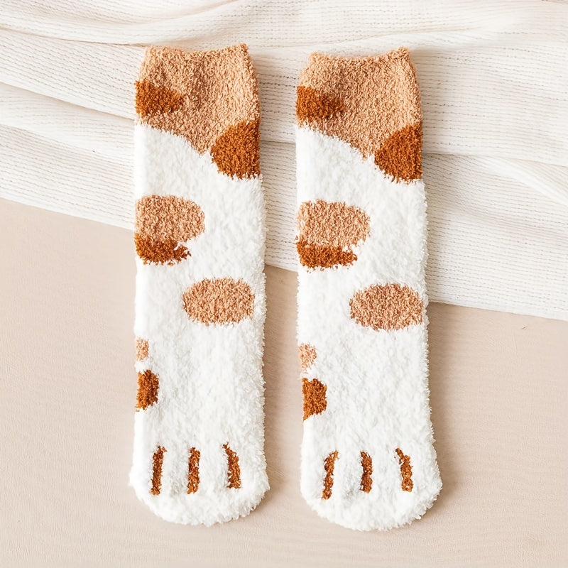 3 Pairs Cat Claw Print Socks Fuzzy & Warm Women's Stockings