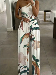  Floral Print One Shoulder Wide Leg Jumpsuit