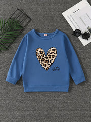 Leopard Heart Graphic Round Neck Pullover For Girls