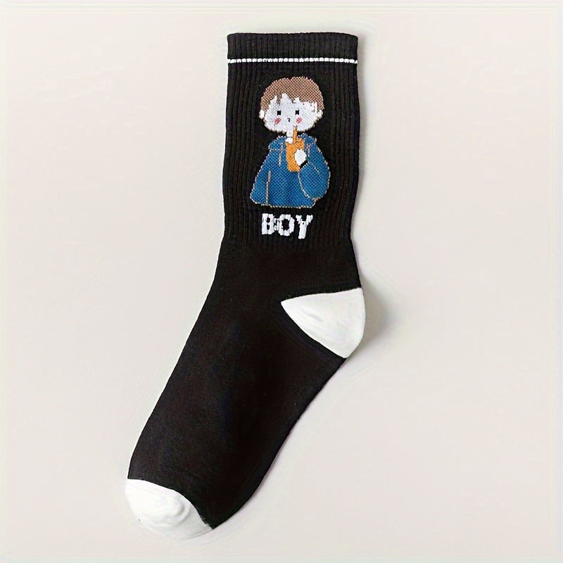 5 Pairs Cartoon Print Socks Women's Stockings Comfy & Mid Tube Hosiery