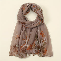 Vintage Flower Print Voile Scarf Butterfly Plants Windproof Shawl