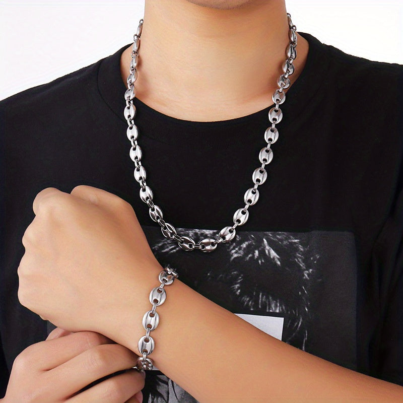 2pcs Stainless Steel Men's Coffee Bean Necklace Bracelet