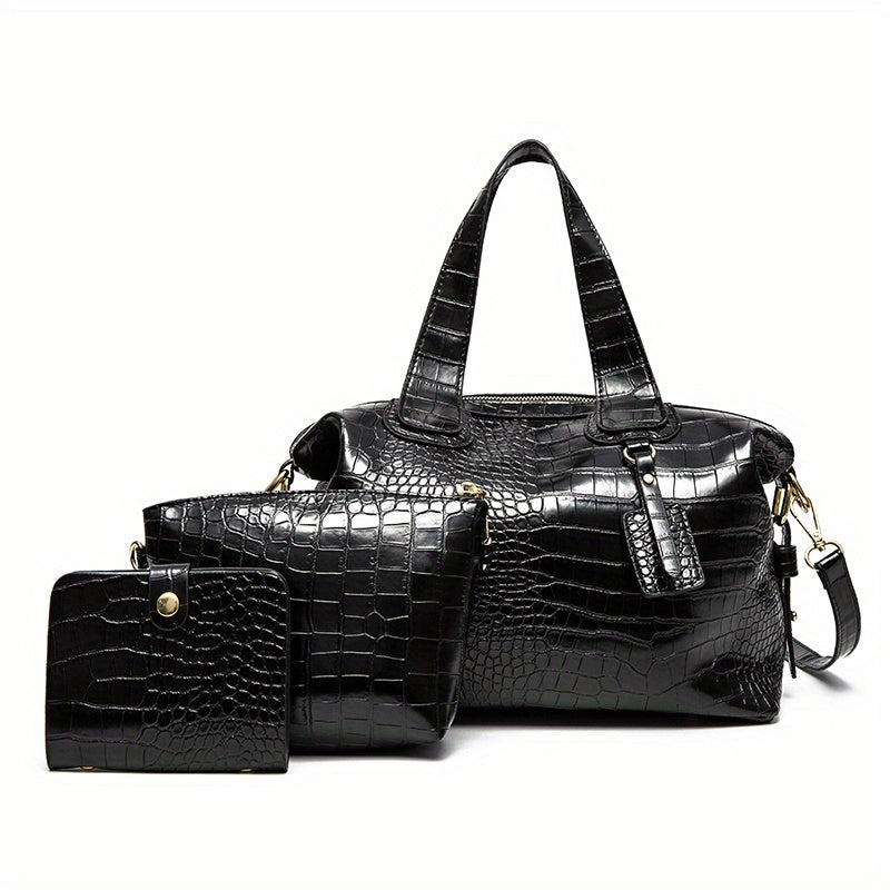 3Pcs Crocodile Embossed Bag Set Handbag With Crossbody Bag & Card Holder