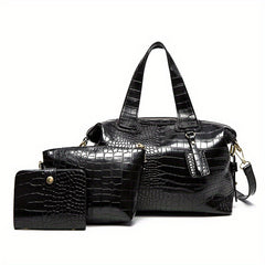 3Pcs Crocodile Embossed Bag Set Handbag With Crossbody Bag & Card Holder