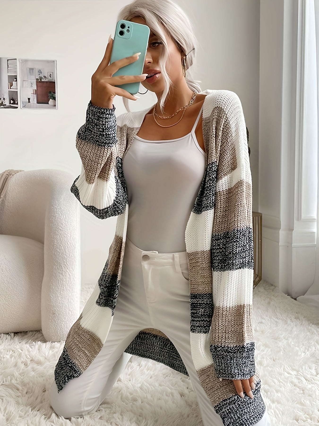  Colorblock Long Sleeve Open Front Cardigan