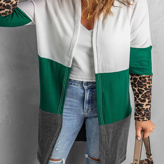  Colorblock Leopard Print Long Sleeve Open Front Cardigan