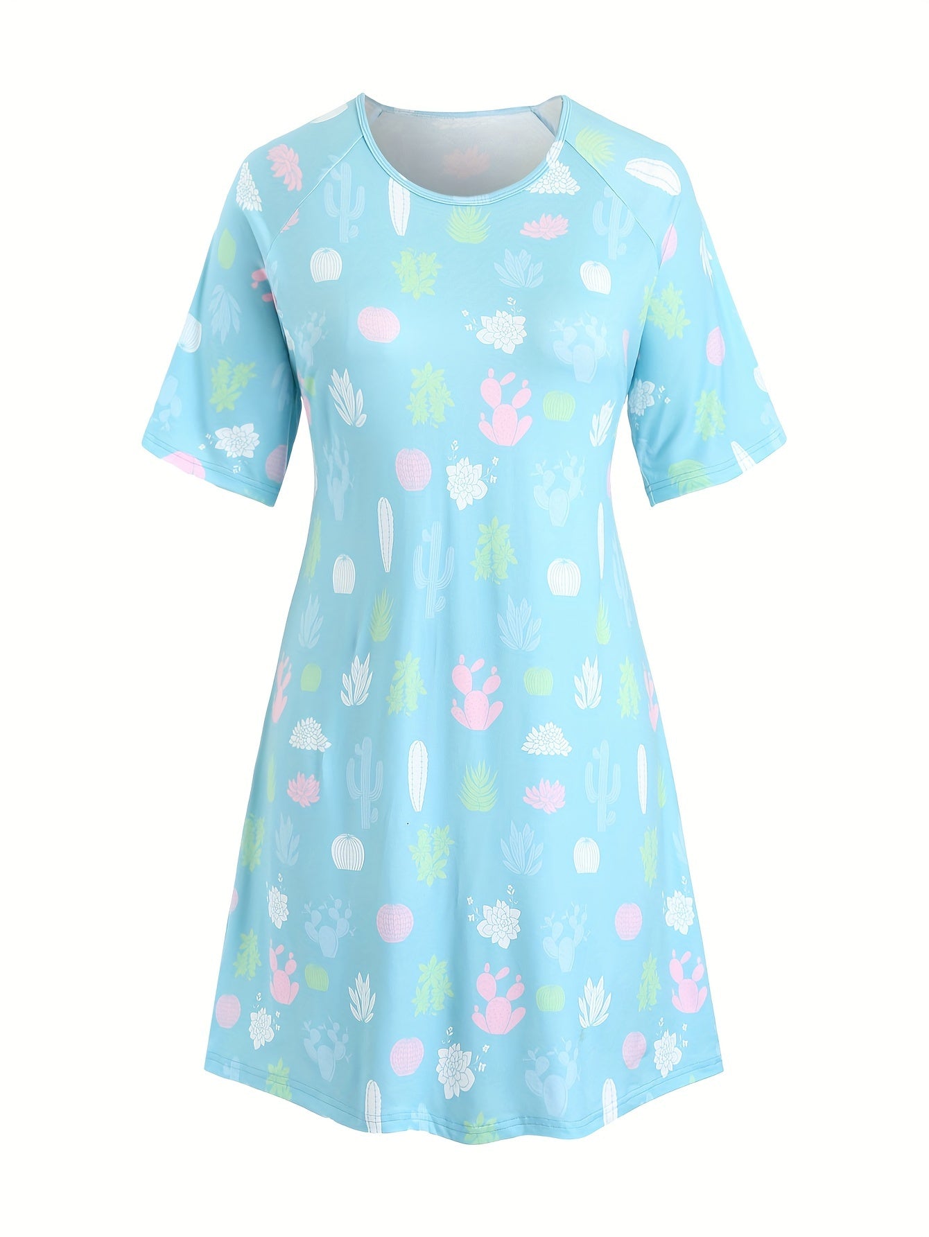  Plant Print Short Sleeve Round Neck Tee Sleep Dress