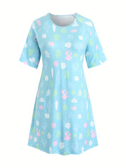  Plant Print Short Sleeve Round Neck Tee Sleep Dress
