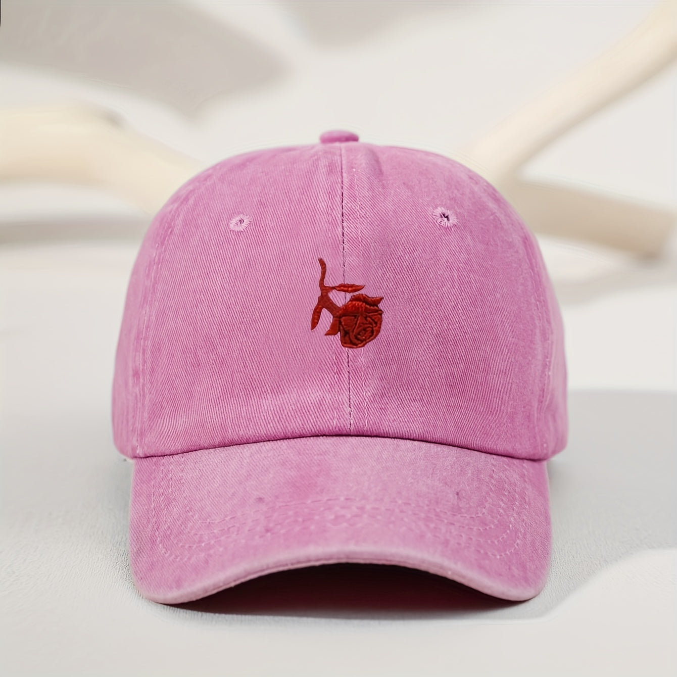 Red Rose Embroidery Baseball Cap Washed Distressed Sports Hat