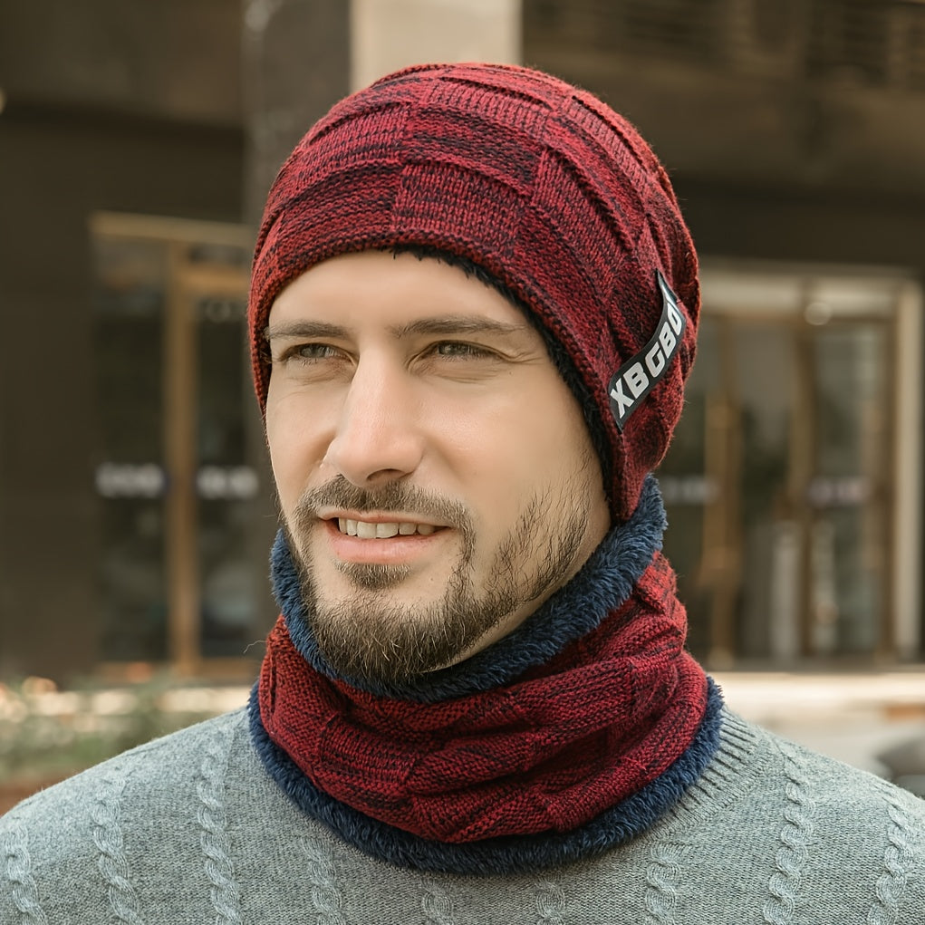 Men's Winter Plush Knitted Beanie Set