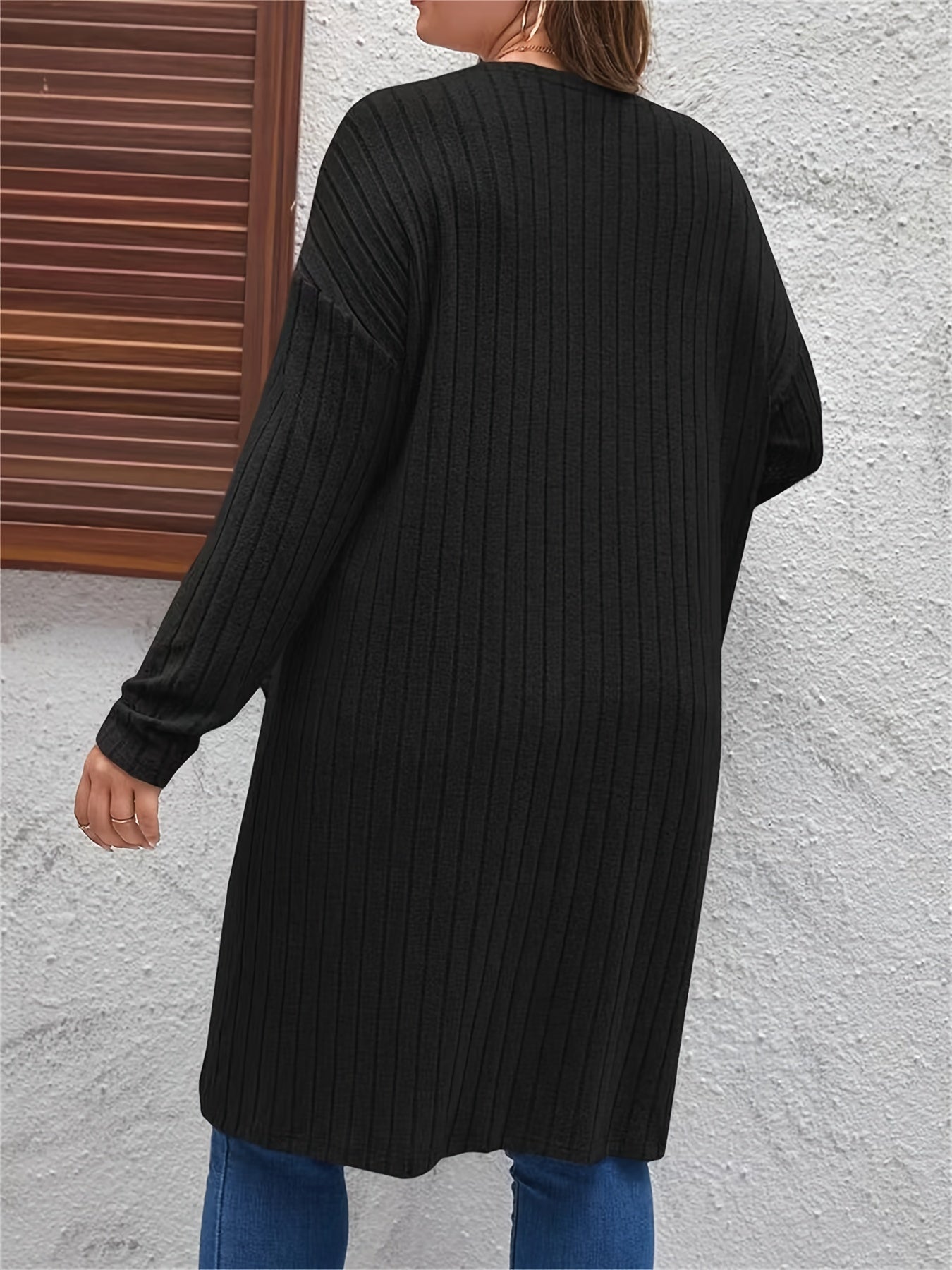  Open Front Ribbed Knit Cardigan with Pockets