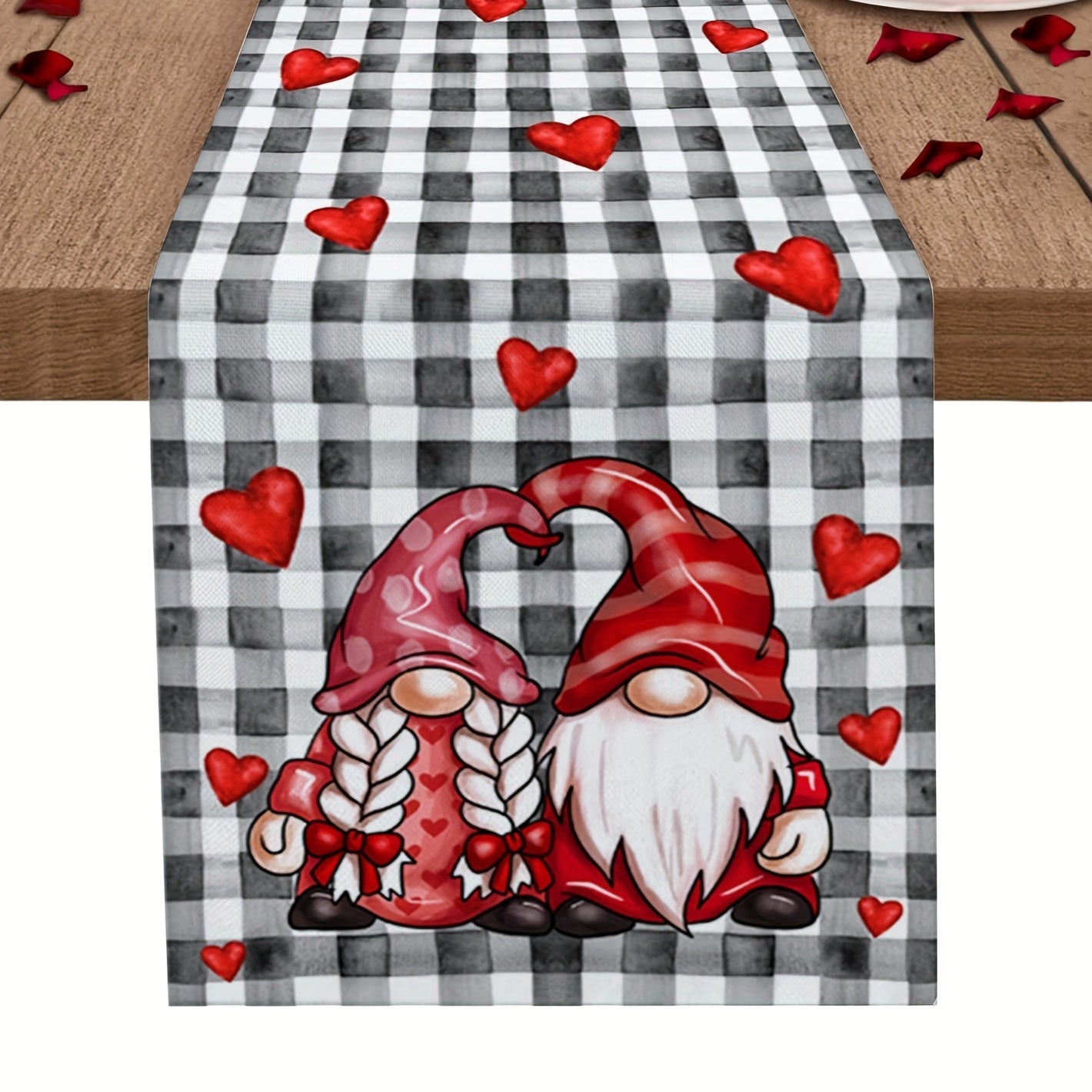 13x72 Inch Red Gnome Love Heart Plaid Table Runner - Heat Resistant Washable