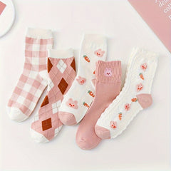 5 Pairs Bunny & Plaid Print Socks Women's Stockings