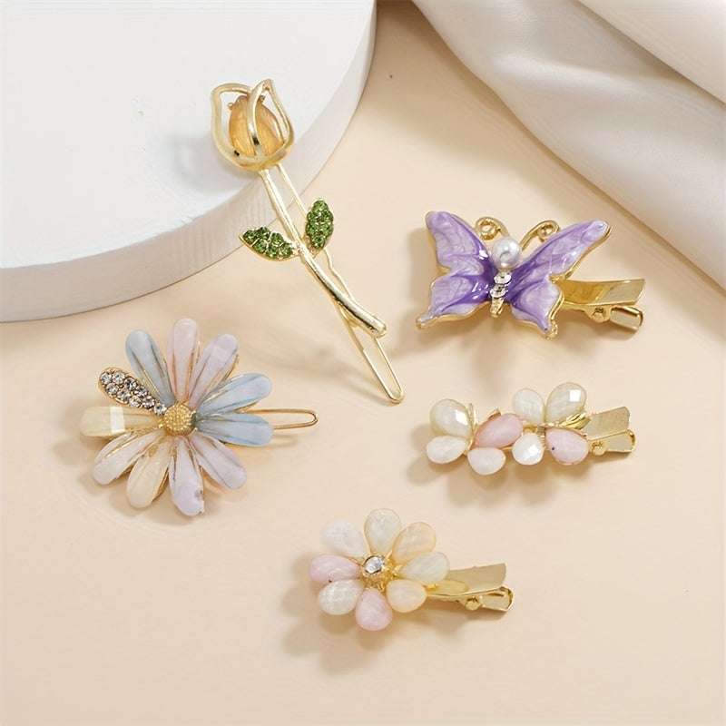 5pcs Pearl Butterfly Hair Clip Rhinestone Flower Hair Accessories