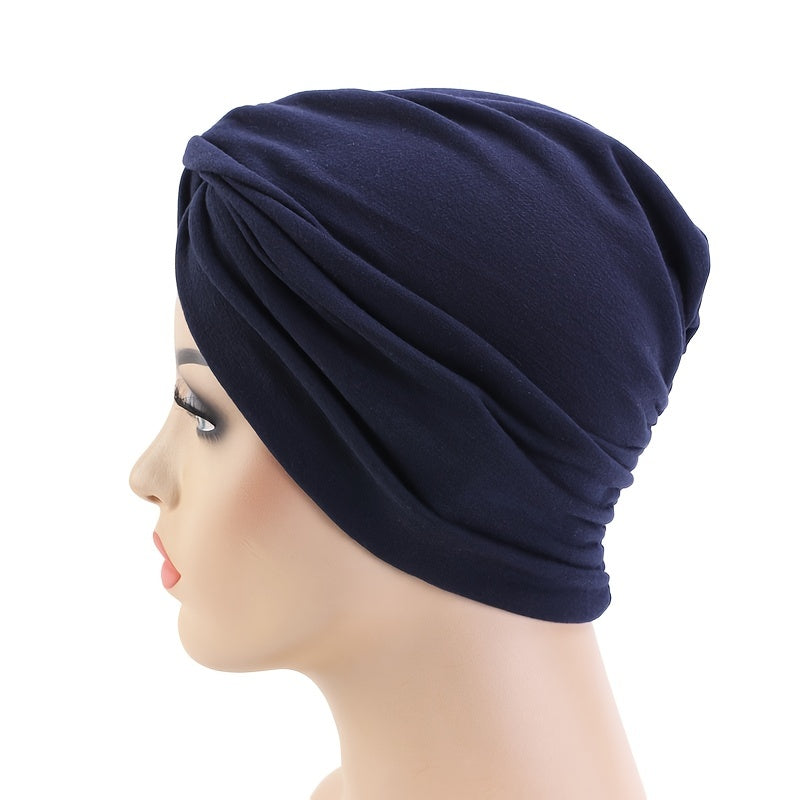 Faux Pearl Decor Turban Cap Solid Pleated Head Wrap
