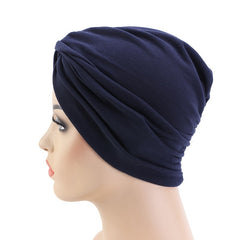 Faux Pearl Decor Turban Cap Solid Pleated Head Wrap