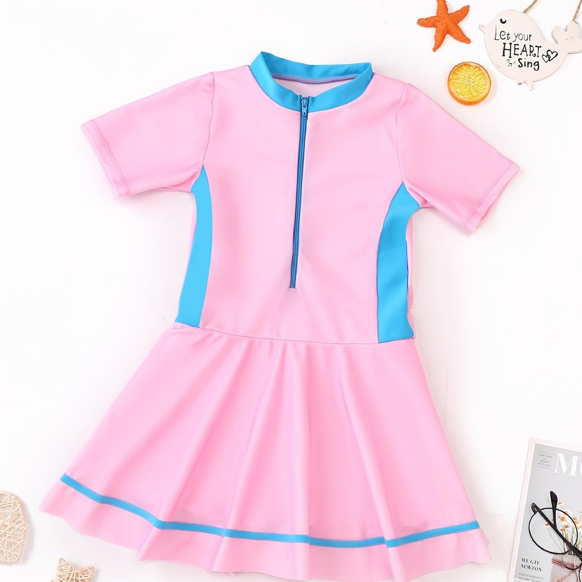 Girls Block Zipper One Piece Swimsuit Summer Beach Clothes