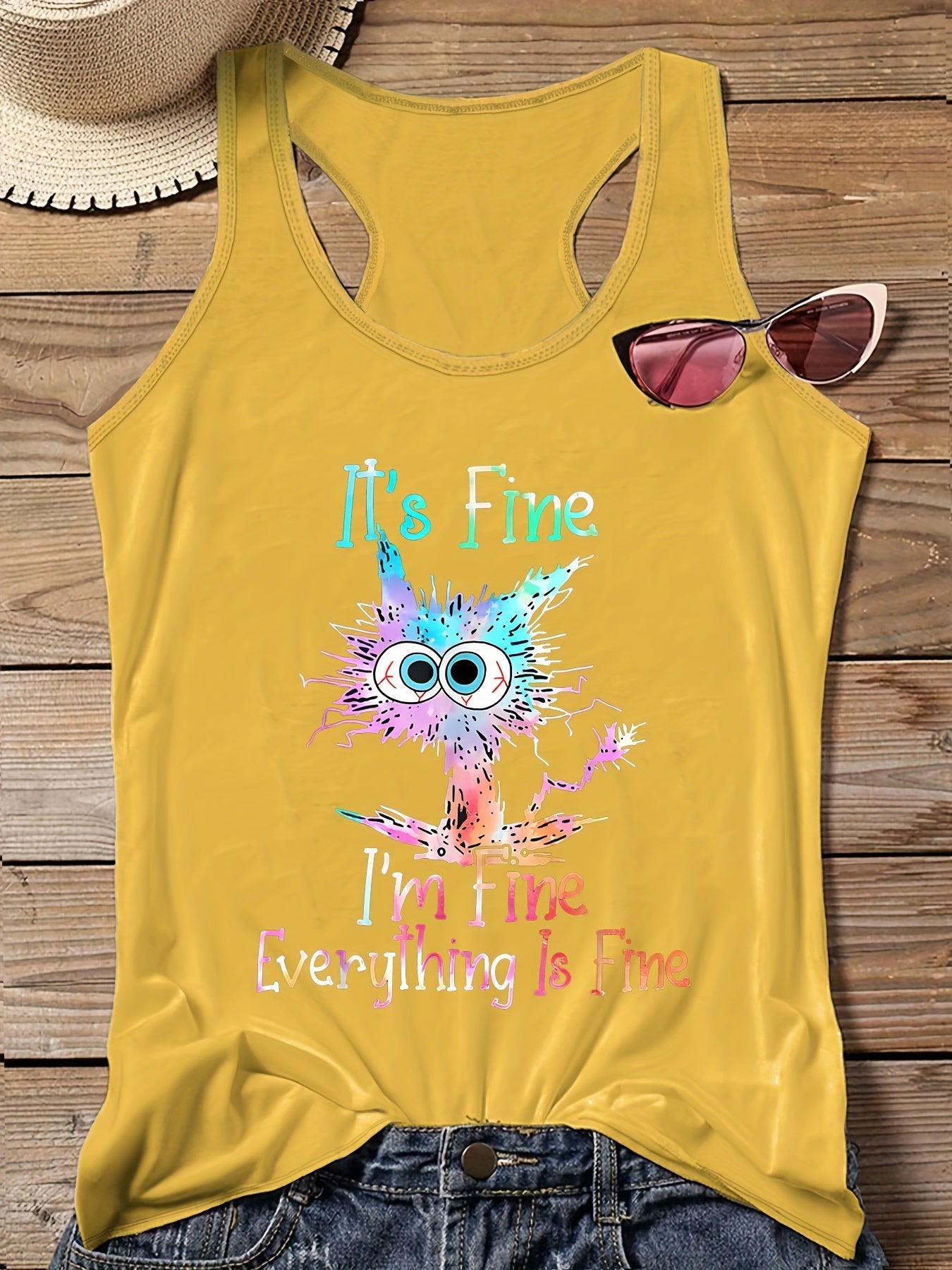 Plus Ombre Cat & Slogan Print Round Neck Vest