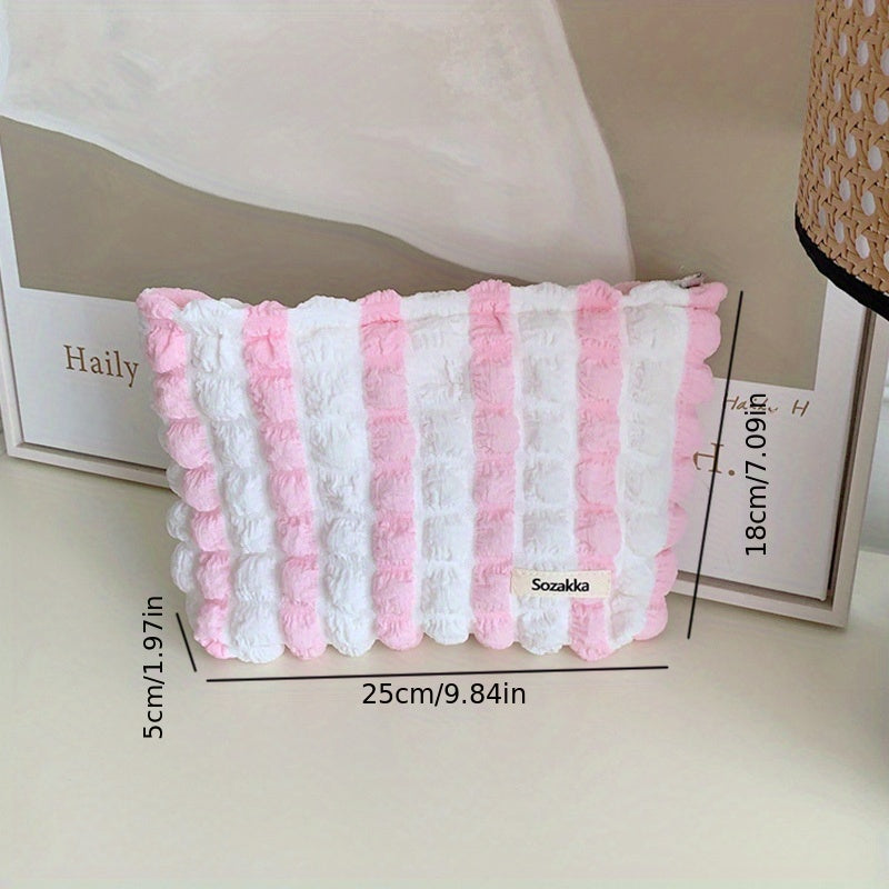 Seersucker Striped Cosmetic Bag Large Capacity Travel Toiletry Pouch