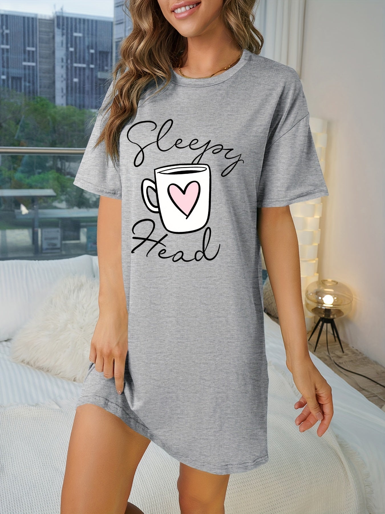 Letter Print NightDress Crew Neck Women's Sleepwear